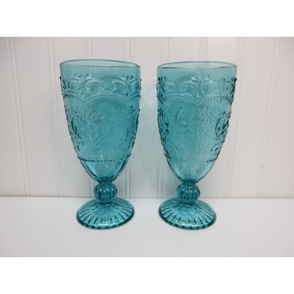 Pioneer Woman Amelia Embossed Glass Tea Goblet 14.7oz Teal Lot of 2 New